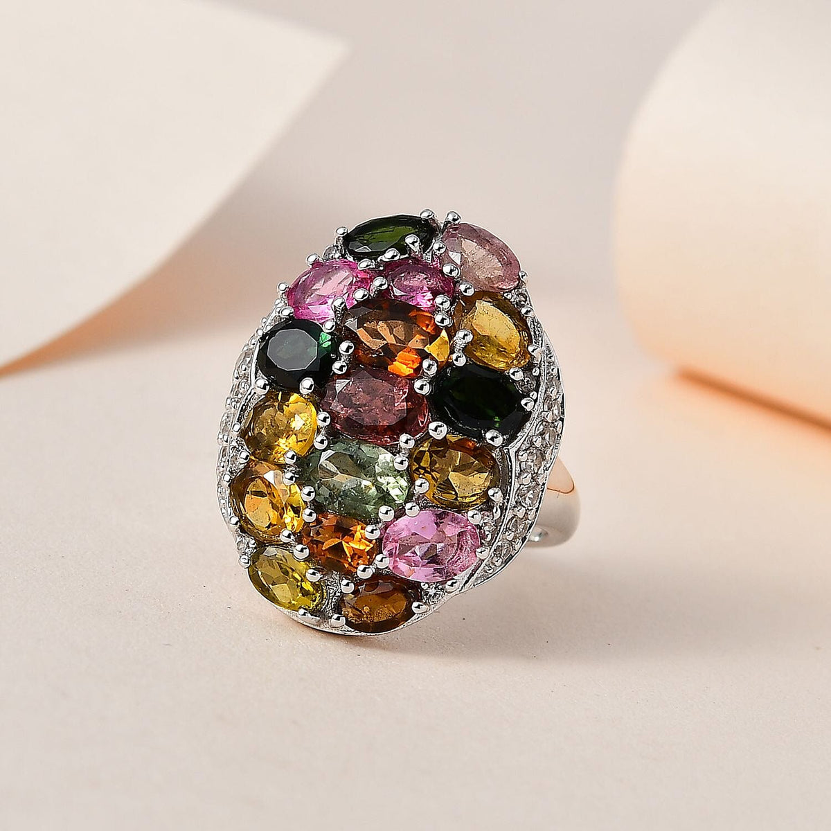 Multi-Tourmaline &amp; Natural Zircon Cluster Ring in Platinum Overlay Sterling Silver 5.66 Ct, Silver Wt. 5.79 Gms 7616378 1