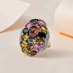 Multi-Tourmaline & Natural Zircon Cluster Ring in Platinum Overlay Sterling Silver 5.66 Ct, Silver Wt. 5.59 Gms