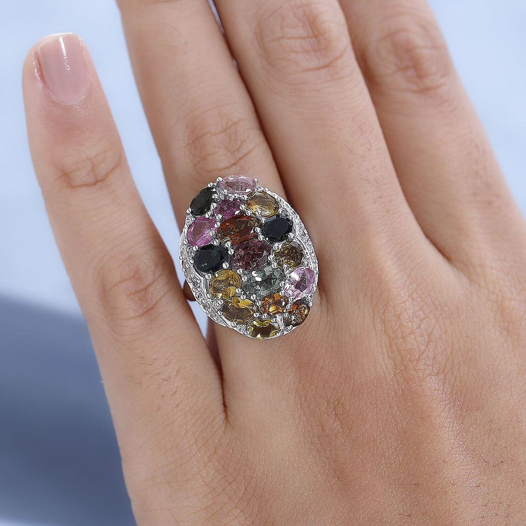 Multi-Tourmaline & Natural Zircon Cluster Ring in Platinum Overlay Sterling Silver 5.66 Ct, Silver Wt. 5.59 Gms