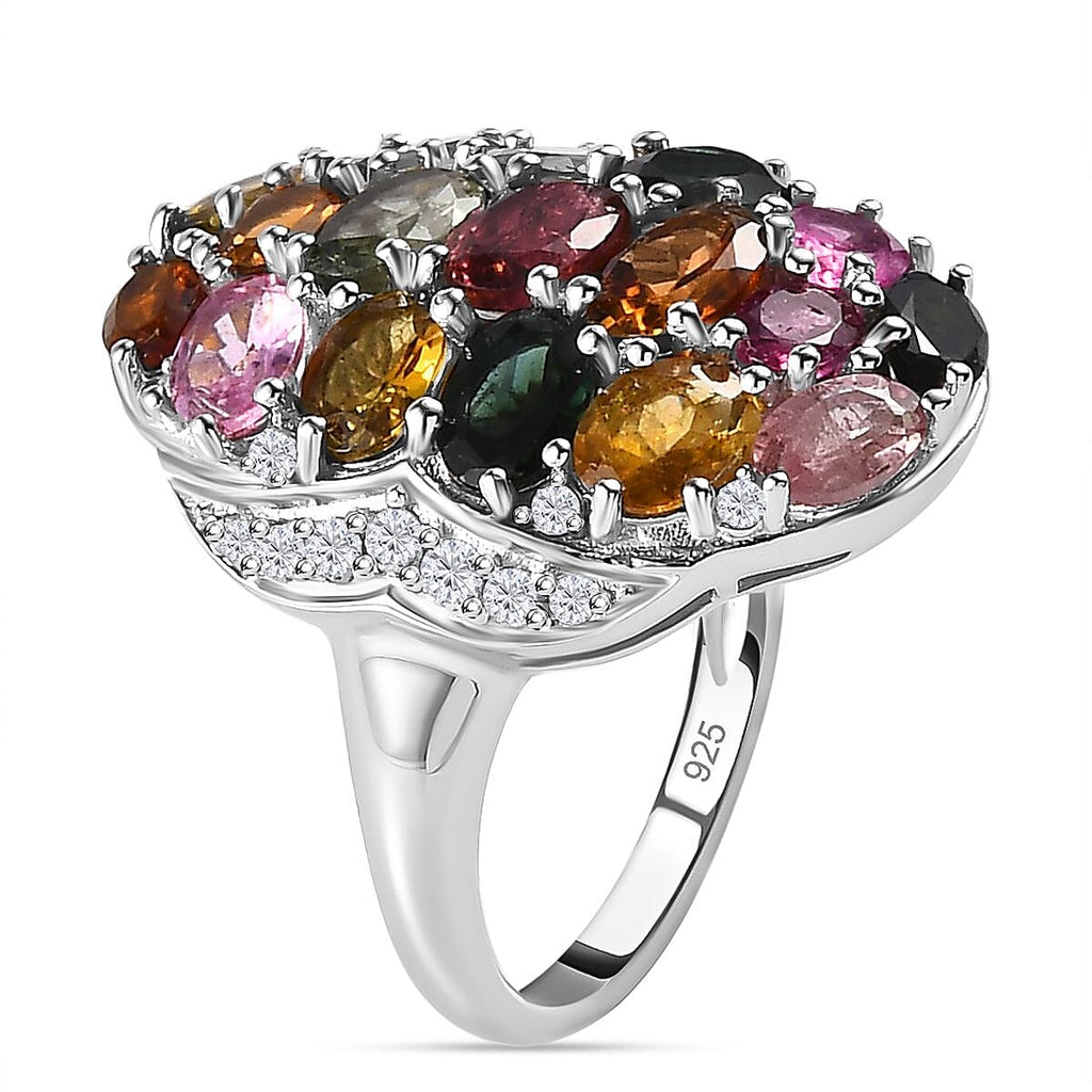 Multi-Tourmaline & Natural Zircon Cluster Ring in Platinum Overlay Sterling Silver 5.66 Ct, Silver Wt. 5.59 Gms