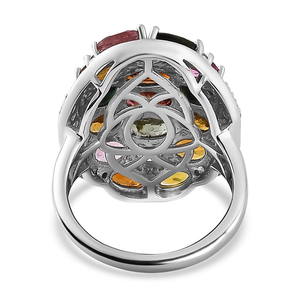 Multi-Tourmaline & Natural Zircon Cluster Ring in Platinum Overlay Sterling Silver 5.66 Ct, Silver Wt. 5.59 Gms