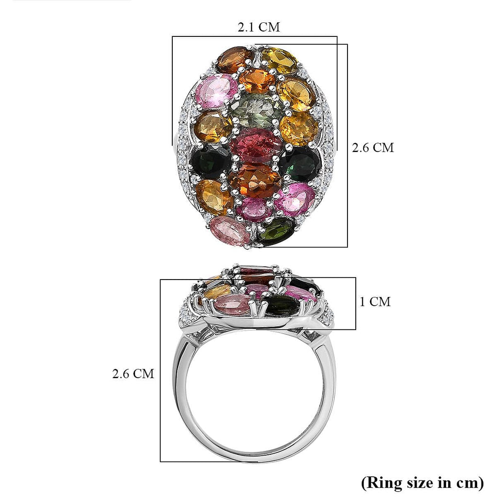 Multi-Tourmaline & Natural Zircon Cluster Ring in Platinum Overlay Sterling Silver 5.66 Ct, Silver Wt. 5.59 Gms