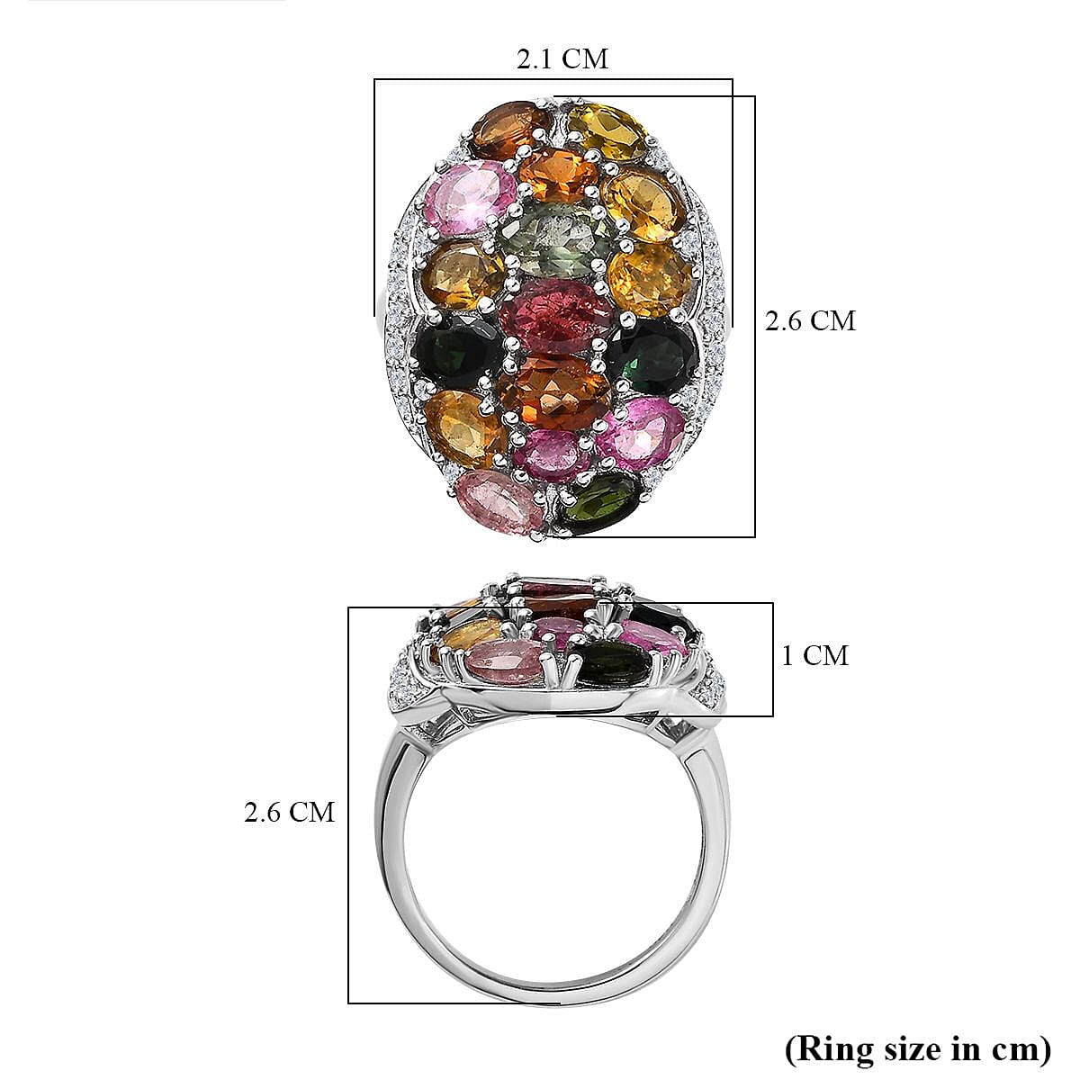 Multi-Tourmaline &amp; Natural Zircon Cluster Ring in Platinum Overlay Sterling Silver 5.66 Ct, Silver Wt. 5.79 Gms 7616378 5