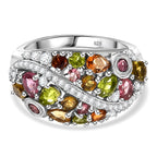 Multi-Tourmaline , White Zircon Cluster Ring in Rhodium Sterling Silver 2.040 Ct.