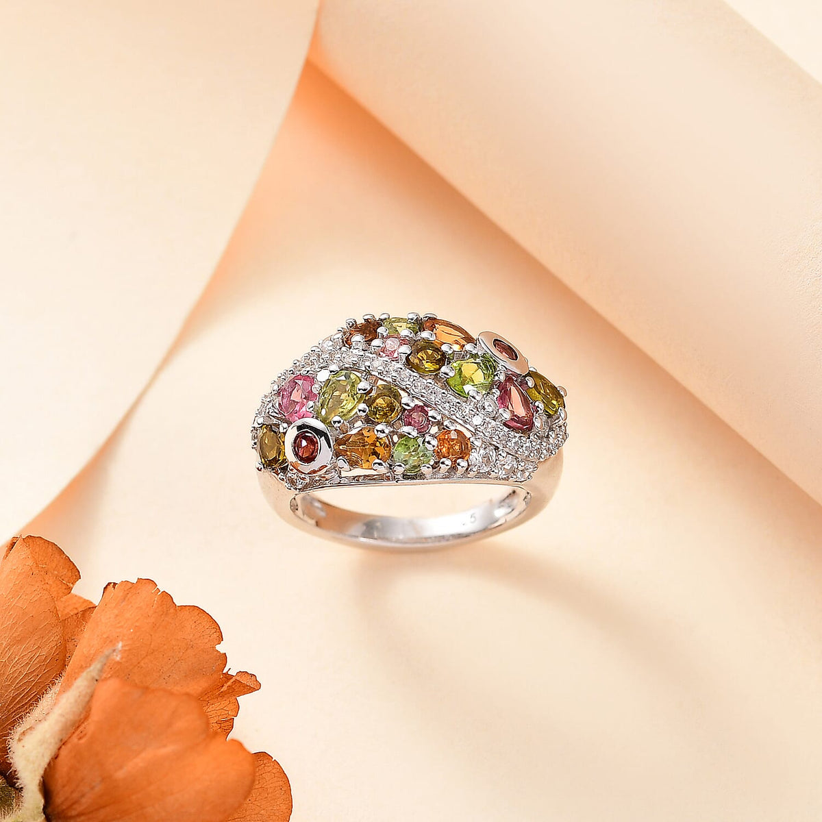 Multi-Tourmaline, White Zircon Cluster Ring in rhodium Sterling Silver 7844391 1