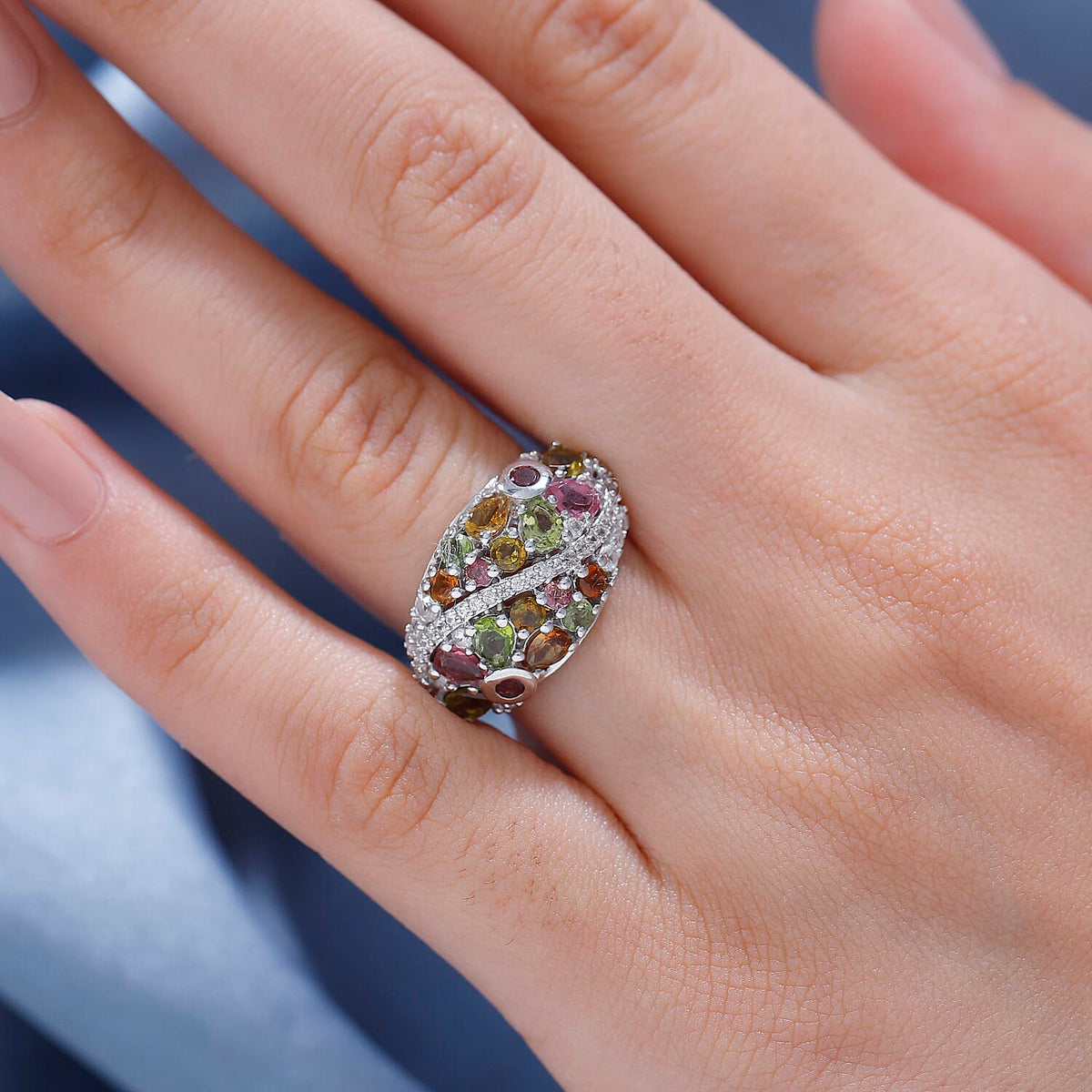 Multi-Tourmaline, White Zircon Cluster Ring in rhodium Sterling Silver 7844391 2