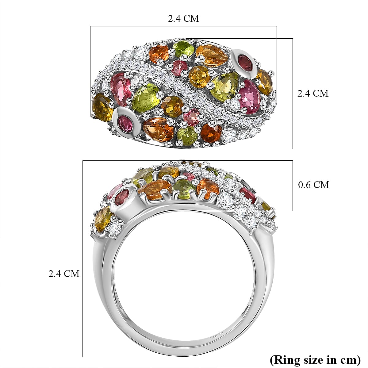 Multi-Tourmaline, White Zircon Cluster Ring in rhodium Sterling Silver 7844391 4