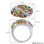 Multi-Tourmaline , White Zircon Cluster Ring in Rhodium Sterling Silver 2.040 Ct.