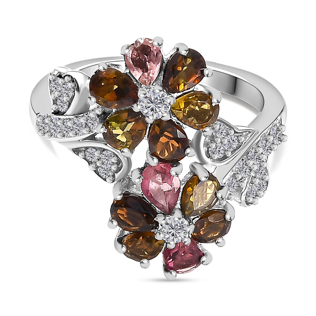 Multi-Tourmaline,White Zircon Cluster Ring in Rhodium Sterling Silver 1.99 ct