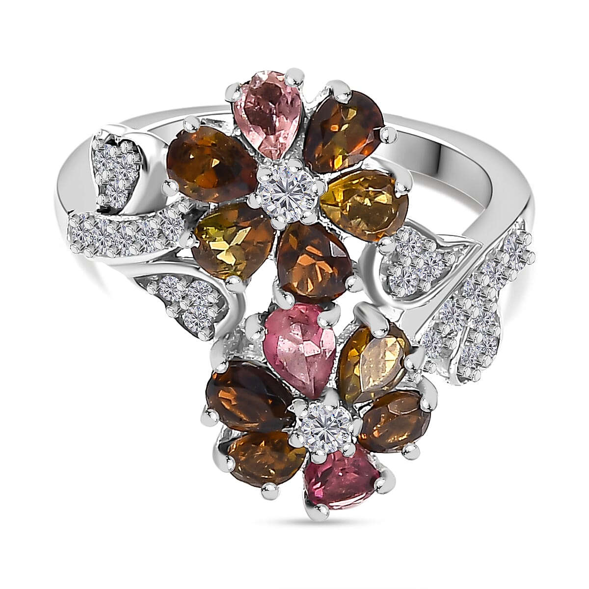 Multi-Tourmaline, White Zircon Floral Bypass Ring in Rhodium Overlay Sterling Silver 7844526 0
