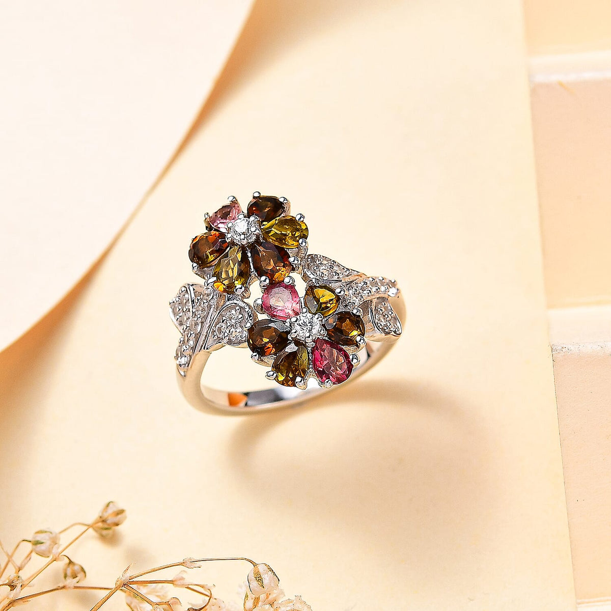Multi-Tourmaline, White Zircon Floral Bypass Ring in Rhodium Overlay Sterling Silver 7844526 2