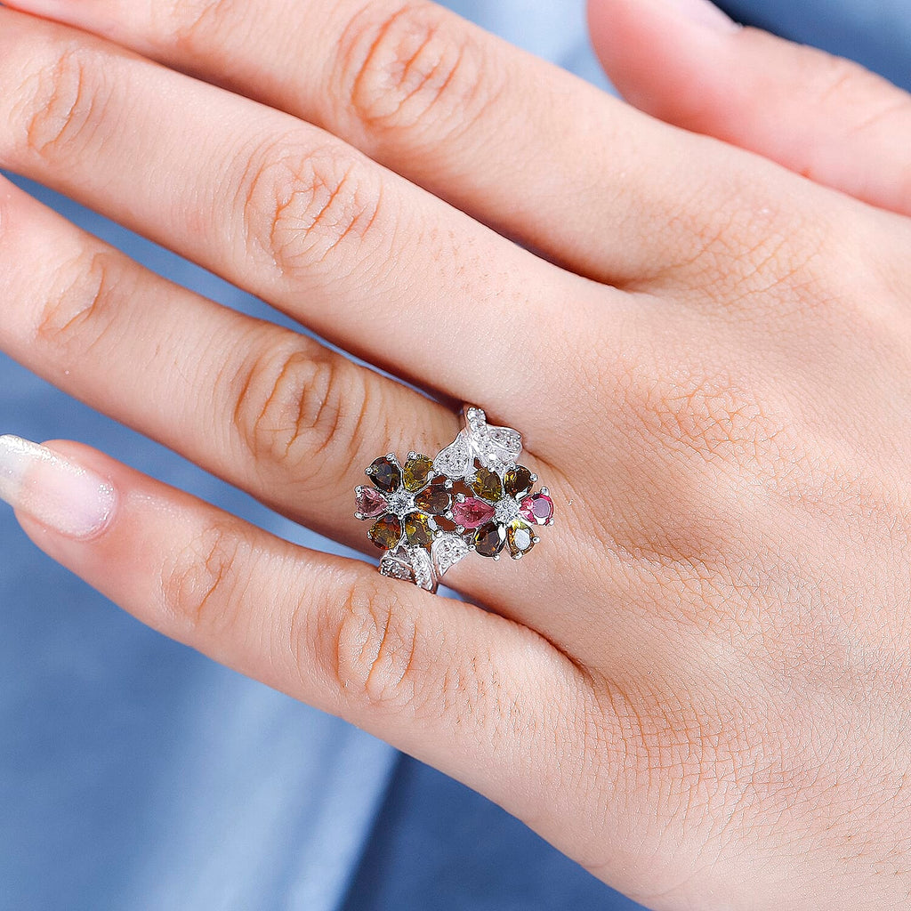 Multi-Tourmaline,White Zircon Cluster Ring in Rhodium Sterling Silver 1.99 ct