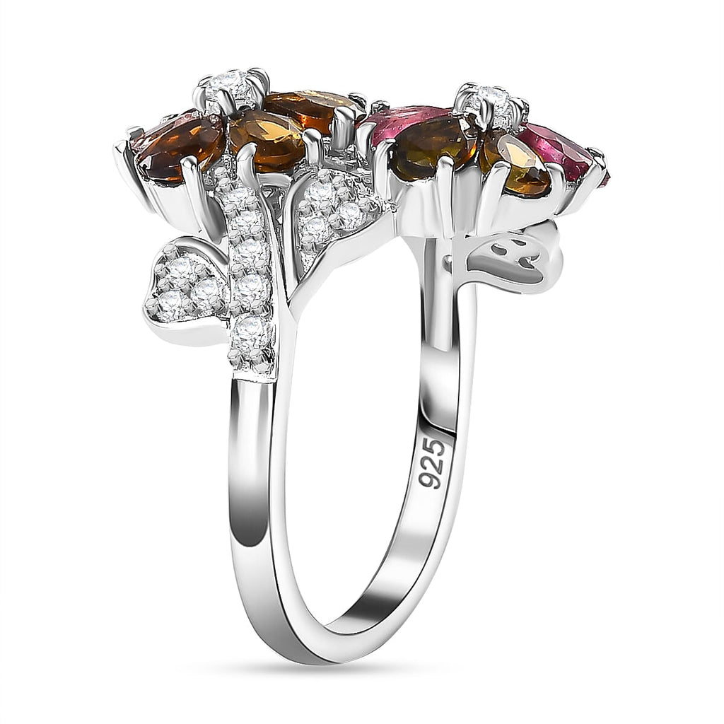Multi-Tourmaline,White Zircon Cluster Ring in Rhodium Sterling Silver 1.99 ct