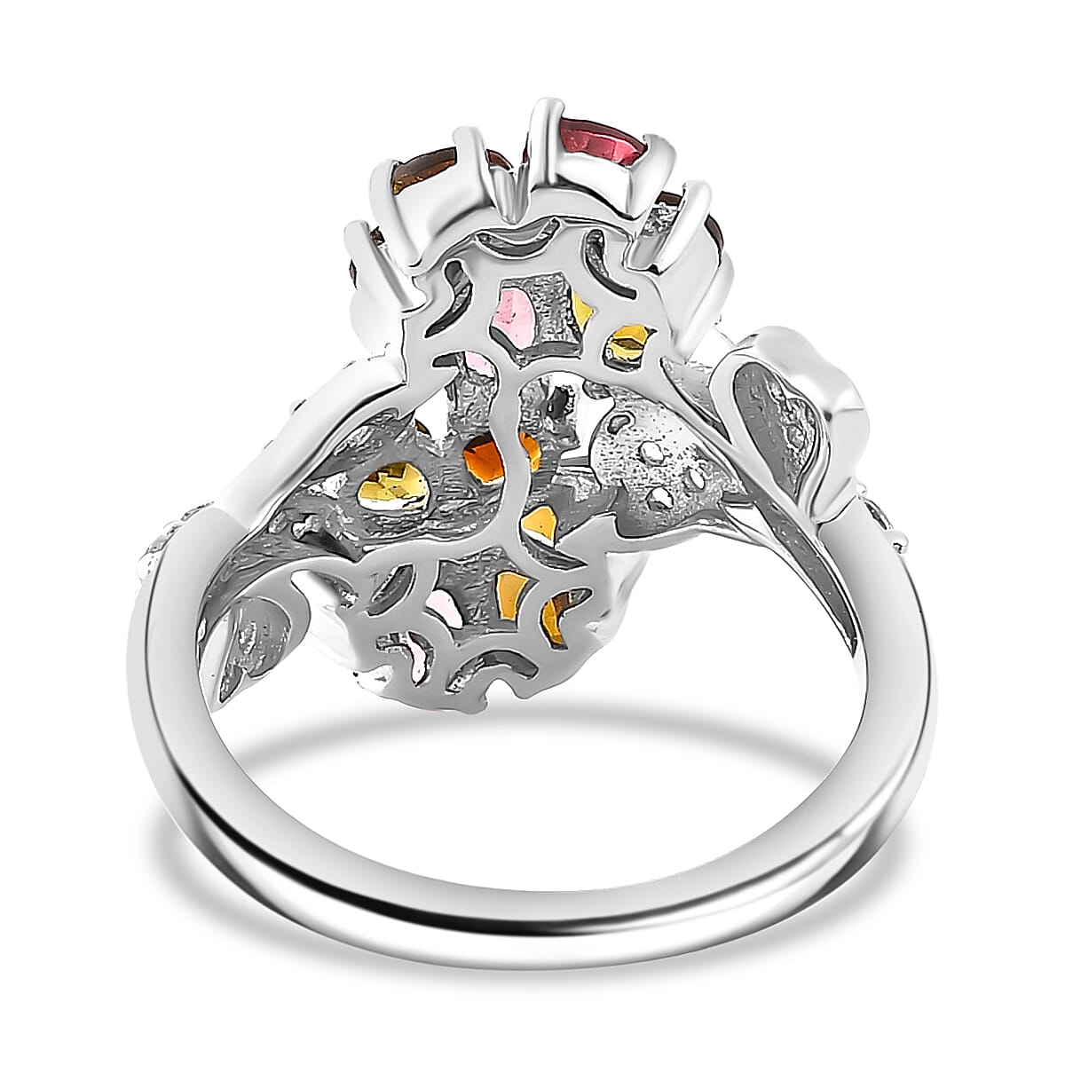 Multi-Tourmaline, White Zircon Floral Bypass Ring in Rhodium Overlay Sterling Silver 7844526 5