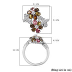 Multi-Tourmaline,White Zircon Cluster Ring in Rhodium Sterling Silver 1.99 ct