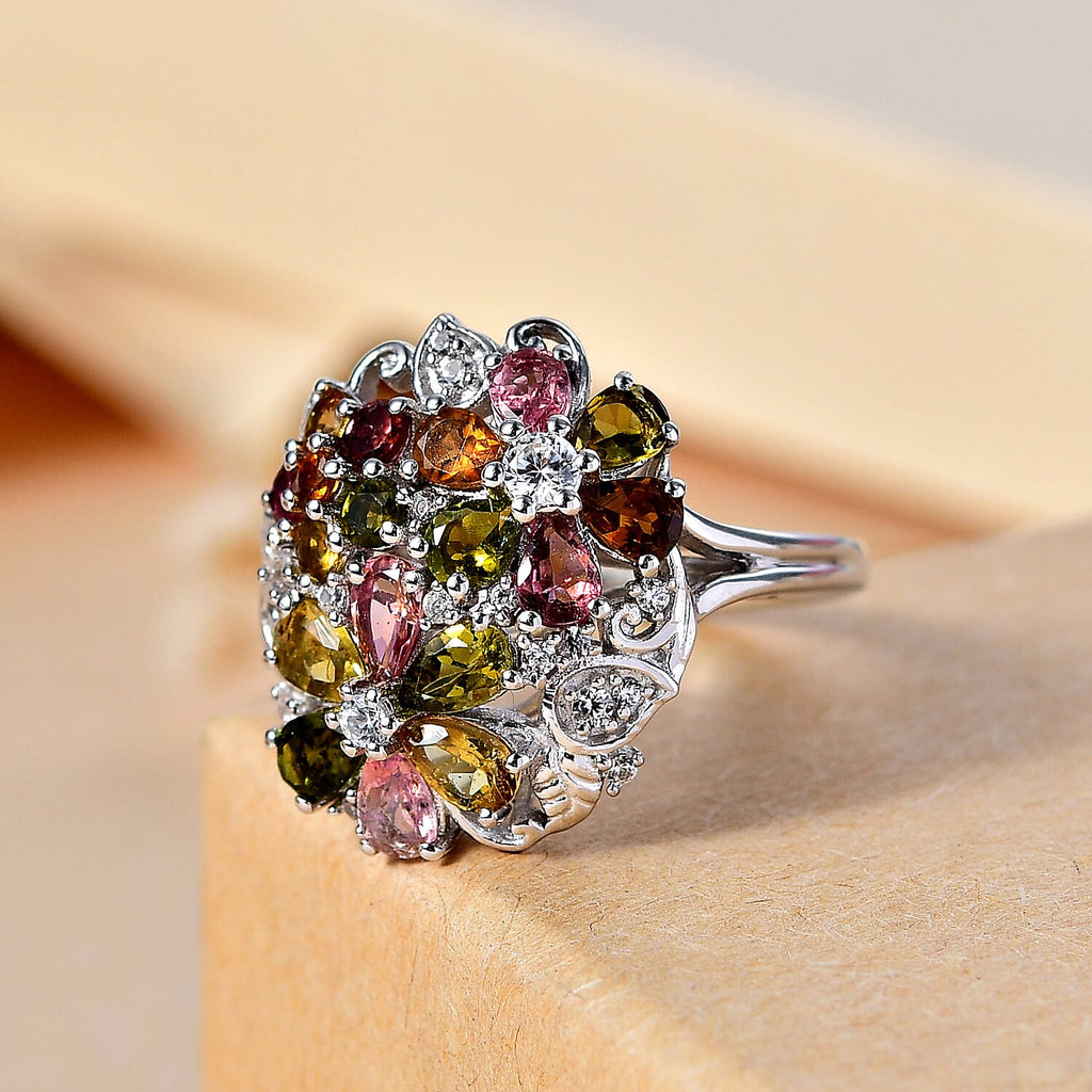 Multi-Tourmaline & White Zircon Cluster Ring in Rhodium Overlay Sterling Silver 2.93 Ct.