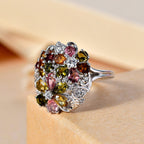 Multi-Tourmaline & White Zircon Cluster Ring in Rhodium Overlay Sterling Silver 2.93 Ct.