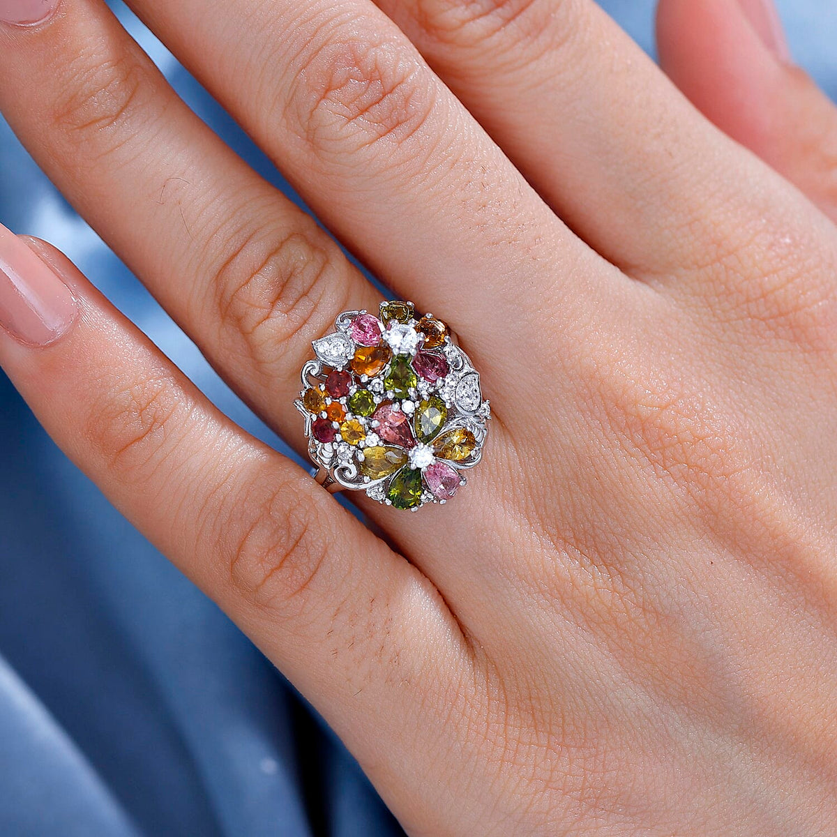 Multi-Tourmaline, White Zircon Floral Ring in Rhodium Overlay Sterling Silver 2.91 ct. 7854449 3