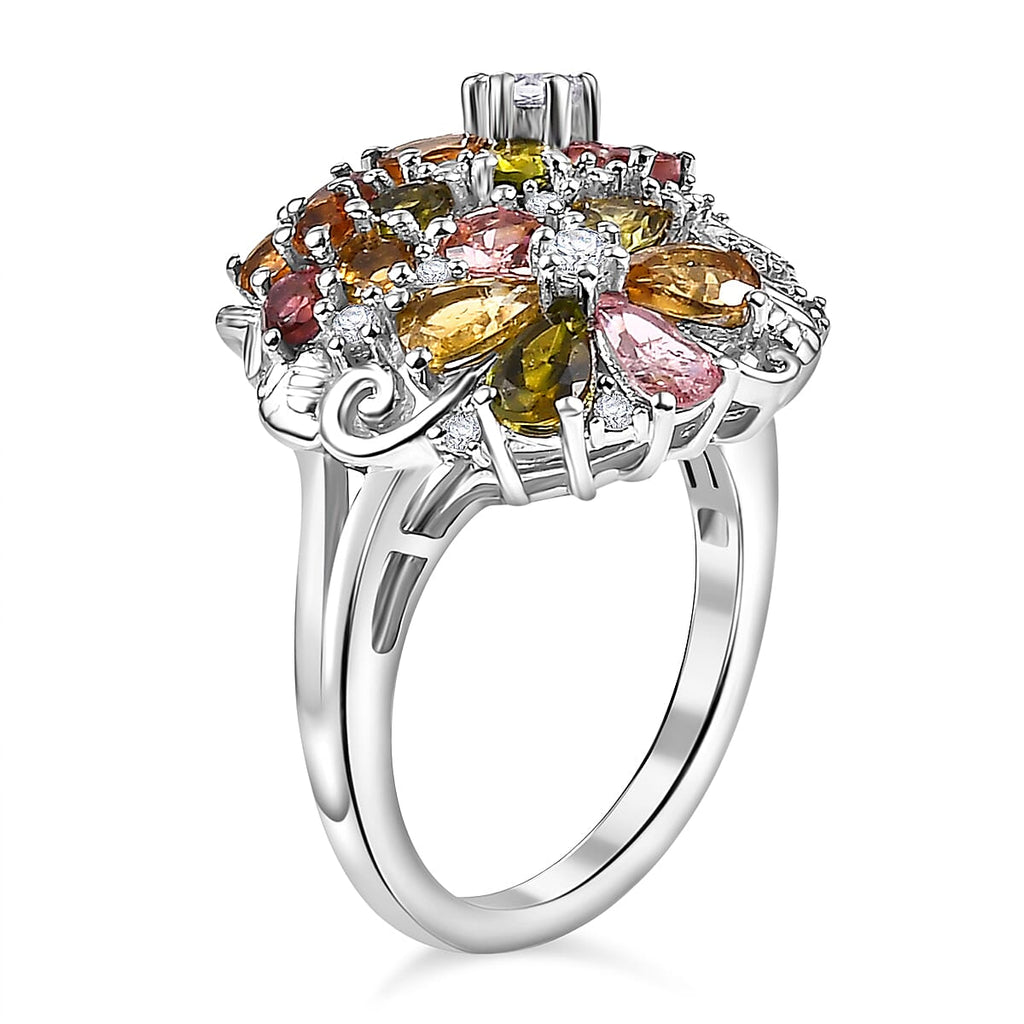 Multi-Tourmaline & White Zircon Cluster Ring in Rhodium Overlay Sterling Silver 2.93 Ct.