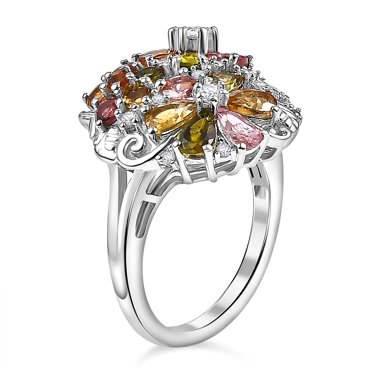 Multi-Tourmaline, White Zircon Floral Ring in Rhodium Overlay Sterling Silver 2.91 ct. 7854449 4