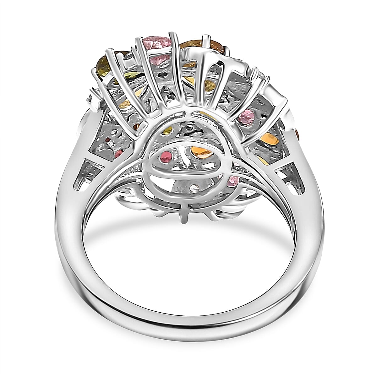 Multi-Tourmaline, White Zircon Floral Ring in Rhodium Overlay Sterling Silver 2.91 ct. 7854449 5
