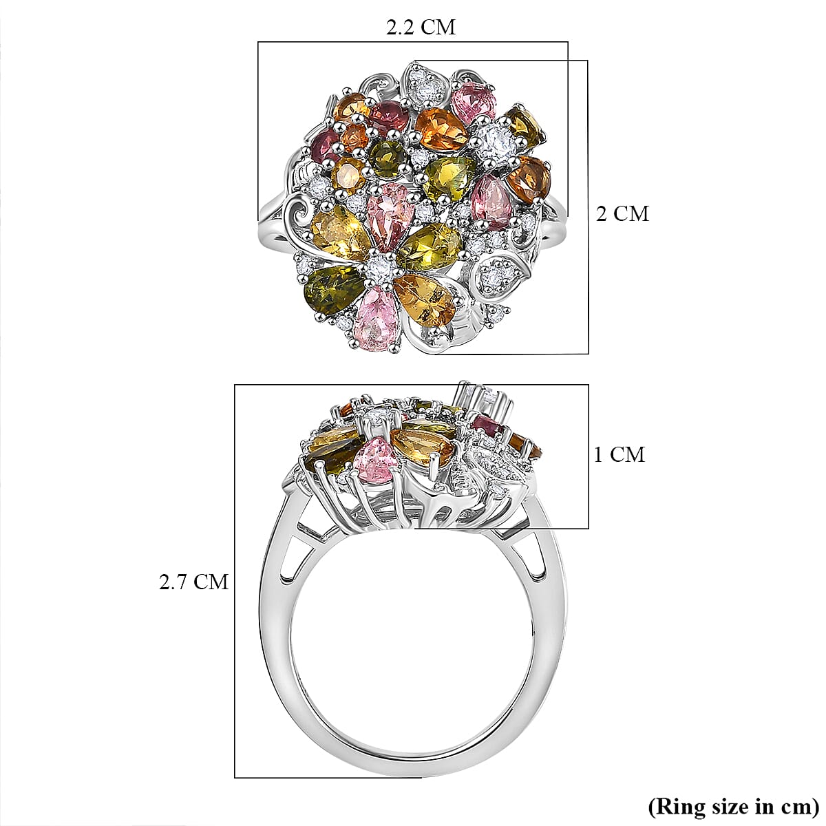 Multi-Tourmaline, White Zircon Floral Ring in Rhodium Overlay Sterling Silver 2.91 ct. 7854449 6