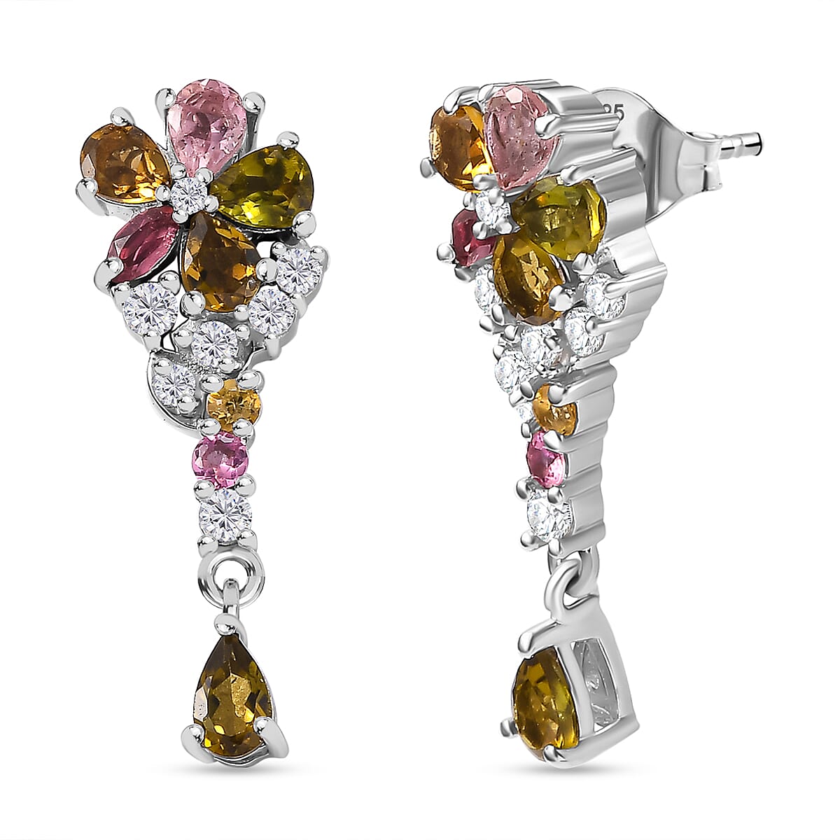 Multi-Tourmaline, White Zircon Dangling Earrings in Rhodium Overlay Sterling Silver 7840176 0