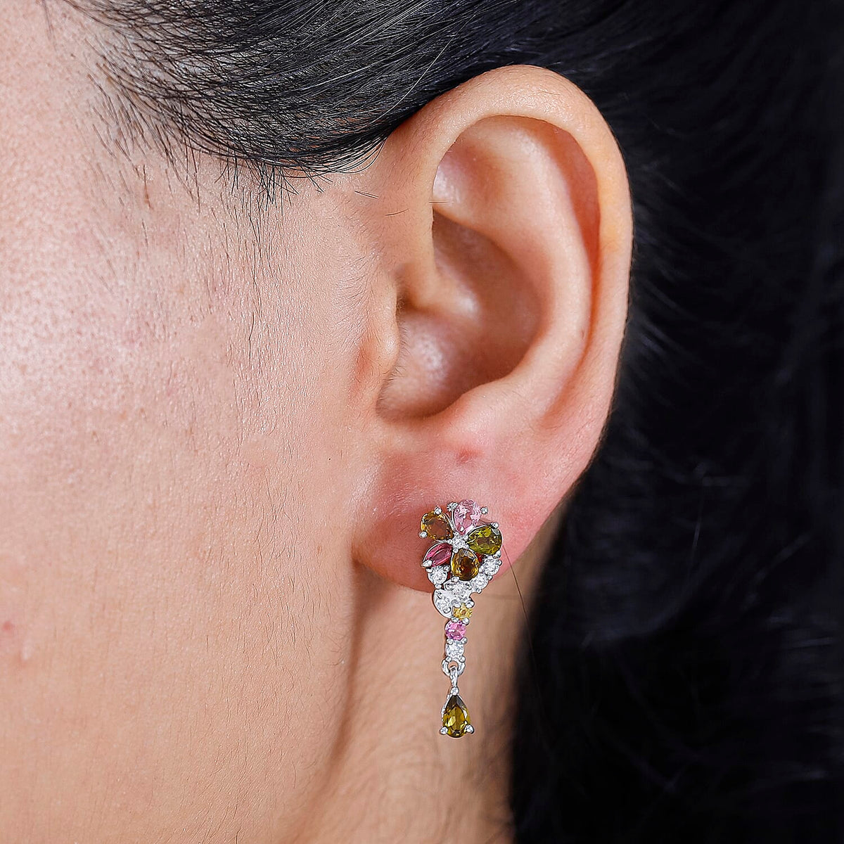 Multi-Tourmaline, White Zircon Dangling Earrings in Rhodium Overlay Sterling Silver 7840176 1