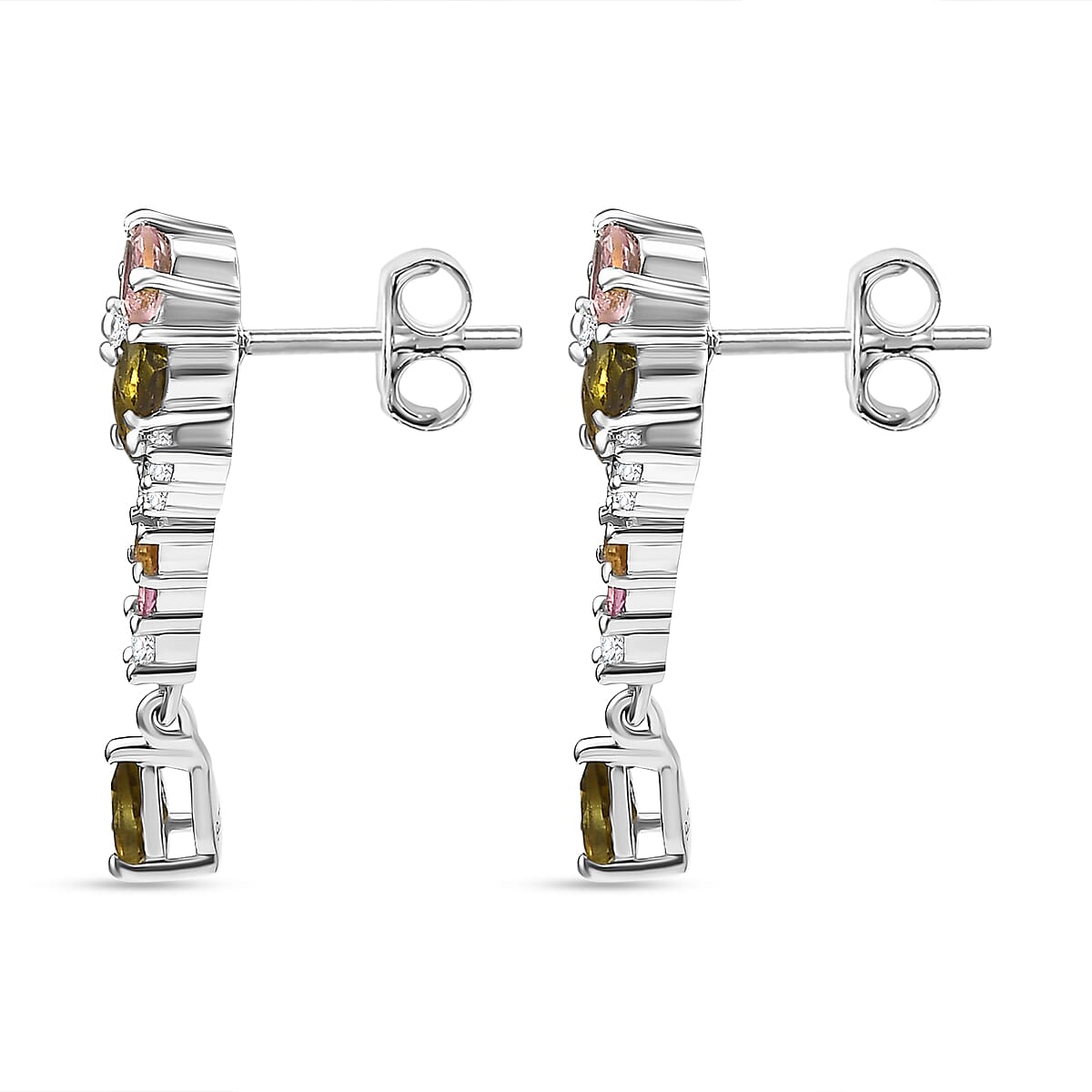 Multi-Tourmaline, White Zircon Dangling Earrings in Rhodium Overlay Sterling Silver 7840176 3