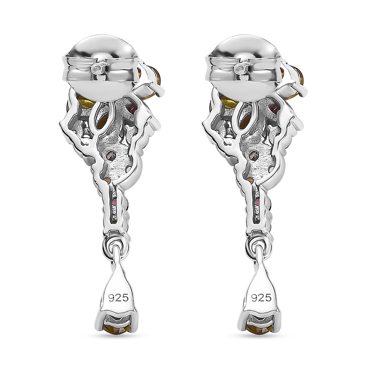 Multi-Tourmaline, White Zircon Dangling Earrings in Rhodium Overlay Sterling Silver 7840176 4