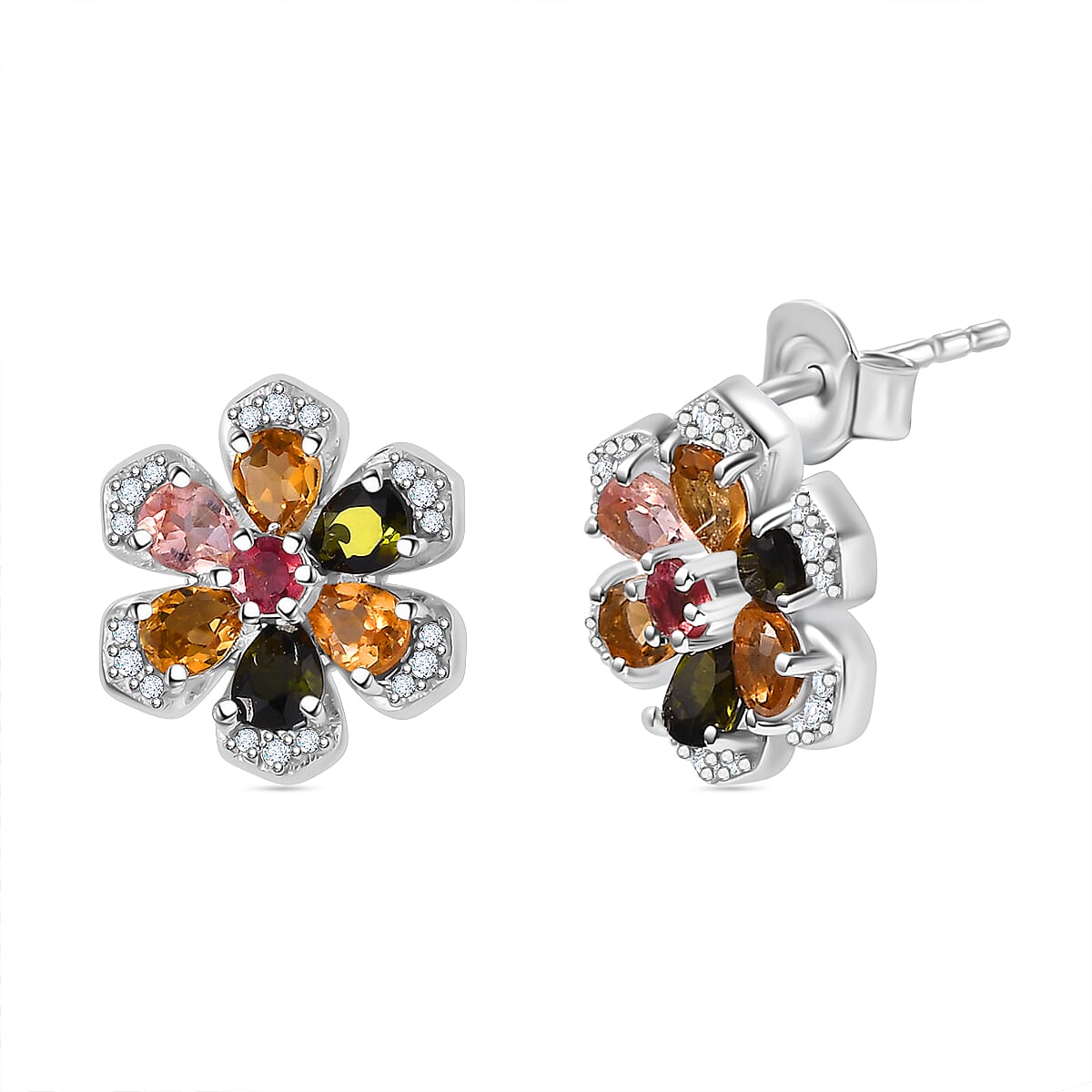 Multi-Tourmaline, White Zircon Floral Earrings in Rhodium Overlay Sterling Silver 7854475 0