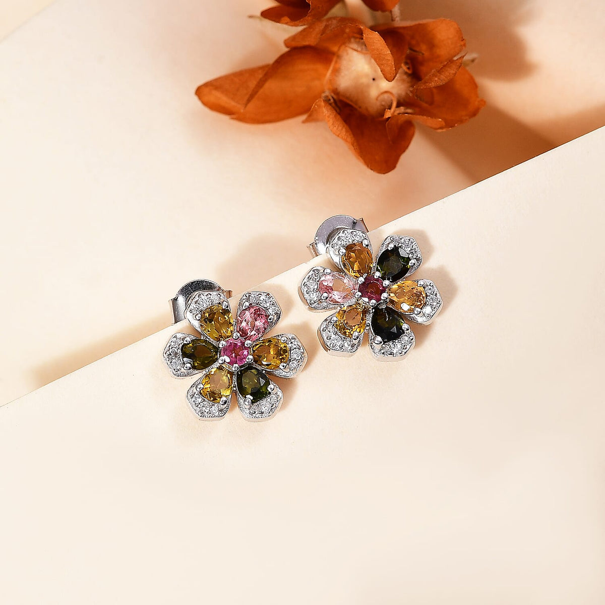 Multi-Tourmaline, White Zircon Floral Earrings in Rhodium Overlay Sterling Silver 7854475 2