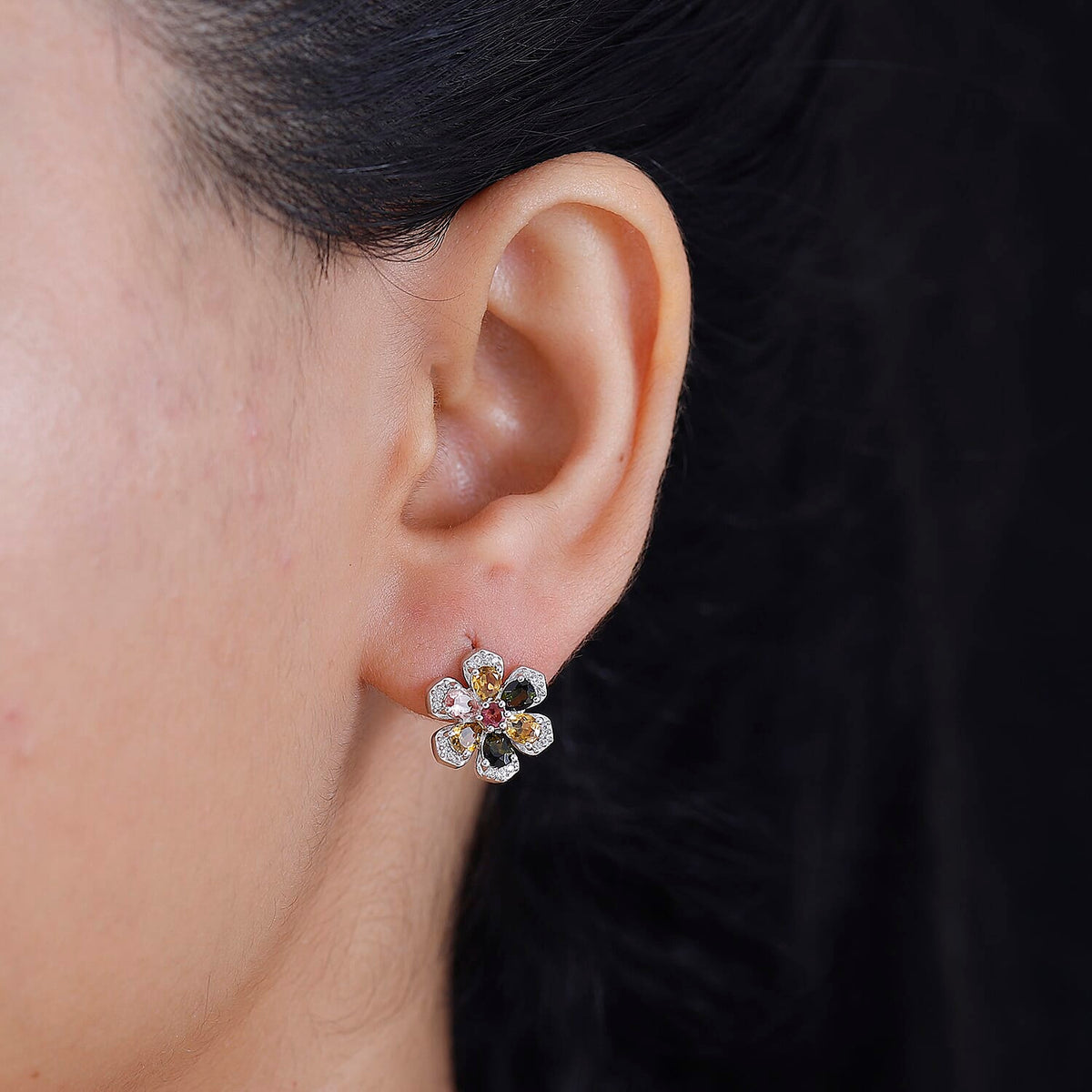 Multi-Tourmaline, White Zircon Floral Earrings in Rhodium Overlay Sterling Silver 7854475 3