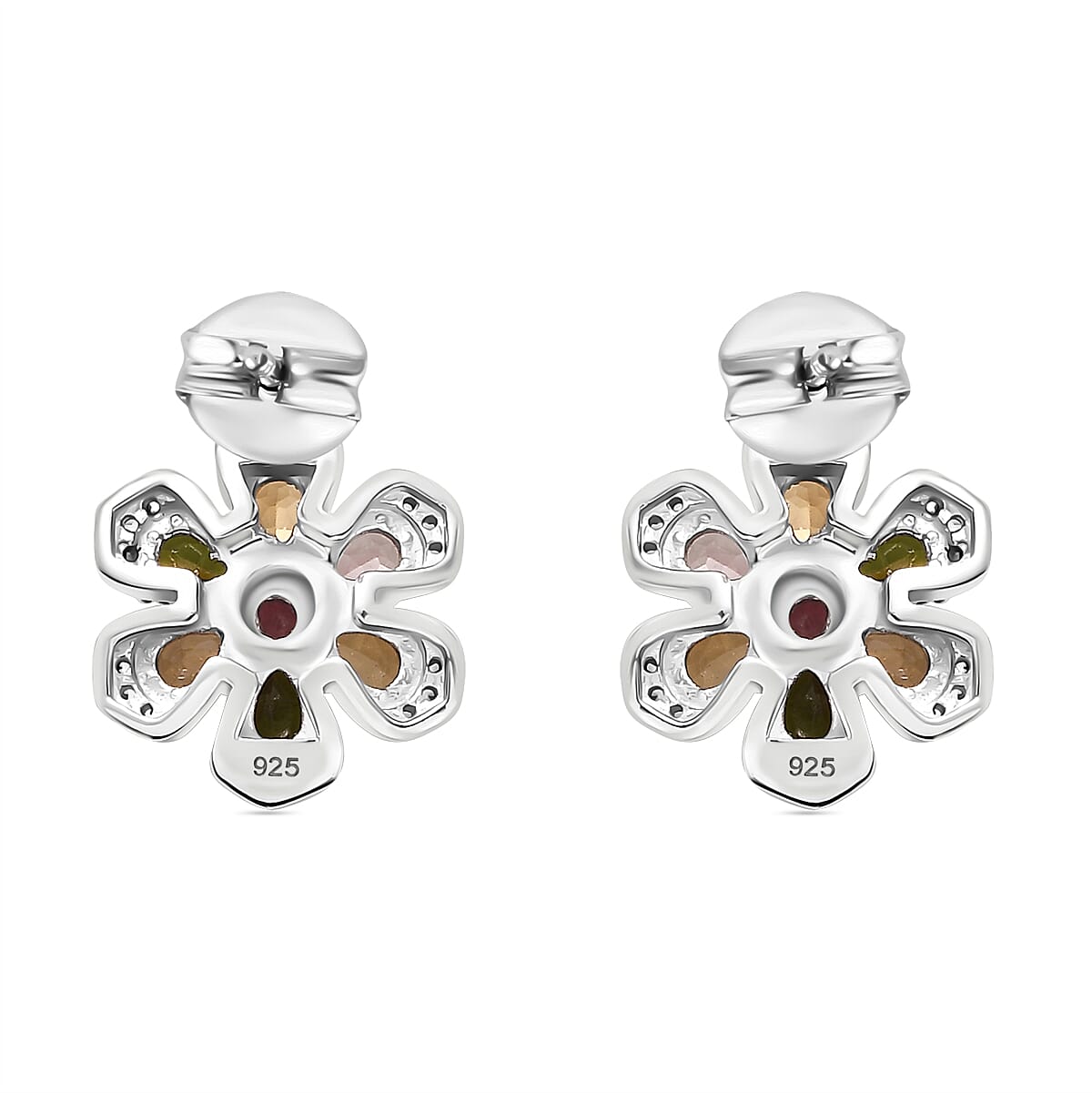 Multi-Tourmaline, White Zircon Floral Earrings in Rhodium Overlay Sterling Silver 7854475 5