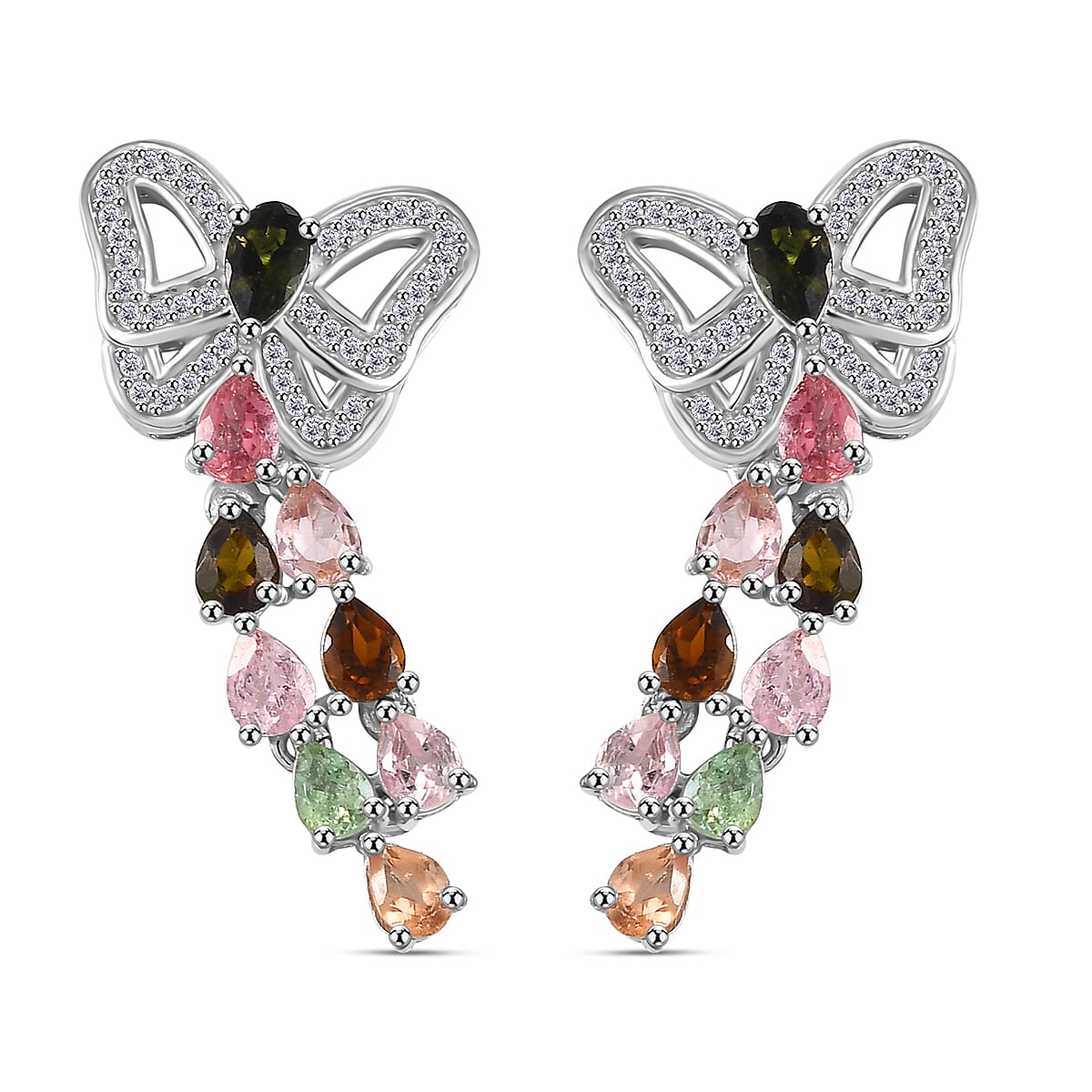 Multi-Tourmaline, White Zircon Butterfly Earrings in Rhodium Overlay Sterling Silver 7855294 0