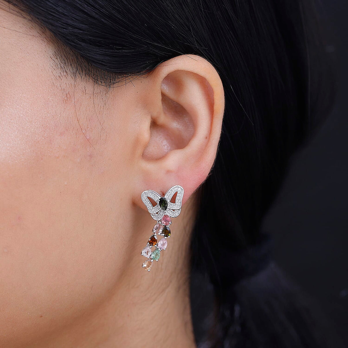 Multi-Tourmaline, White Zircon Butterfly Earrings in Rhodium Overlay Sterling Silver 7855294 3