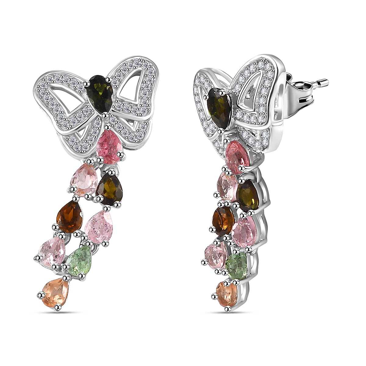 Multi-Tourmaline, White Zircon Butterfly Earrings in Rhodium Overlay Sterling Silver 7855294 4