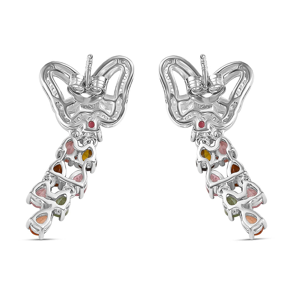 Multi-Tourmaline & White Zircon Butterfly Earring in Rhodium Overlay Sterling Silver 2.86 Ct.