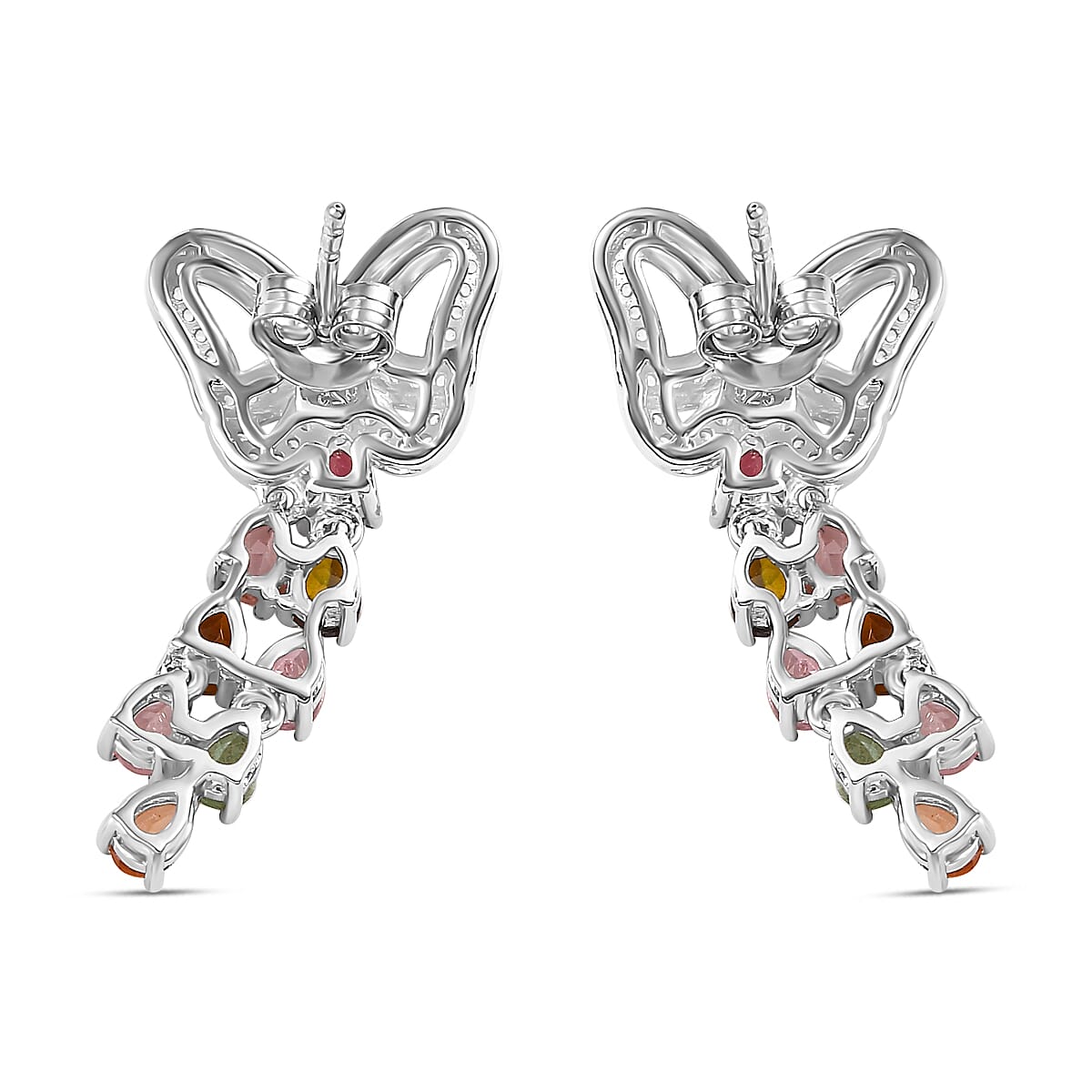 Multi-Tourmaline, White Zircon Butterfly Earrings in Rhodium Overlay Sterling Silver 7855294 6