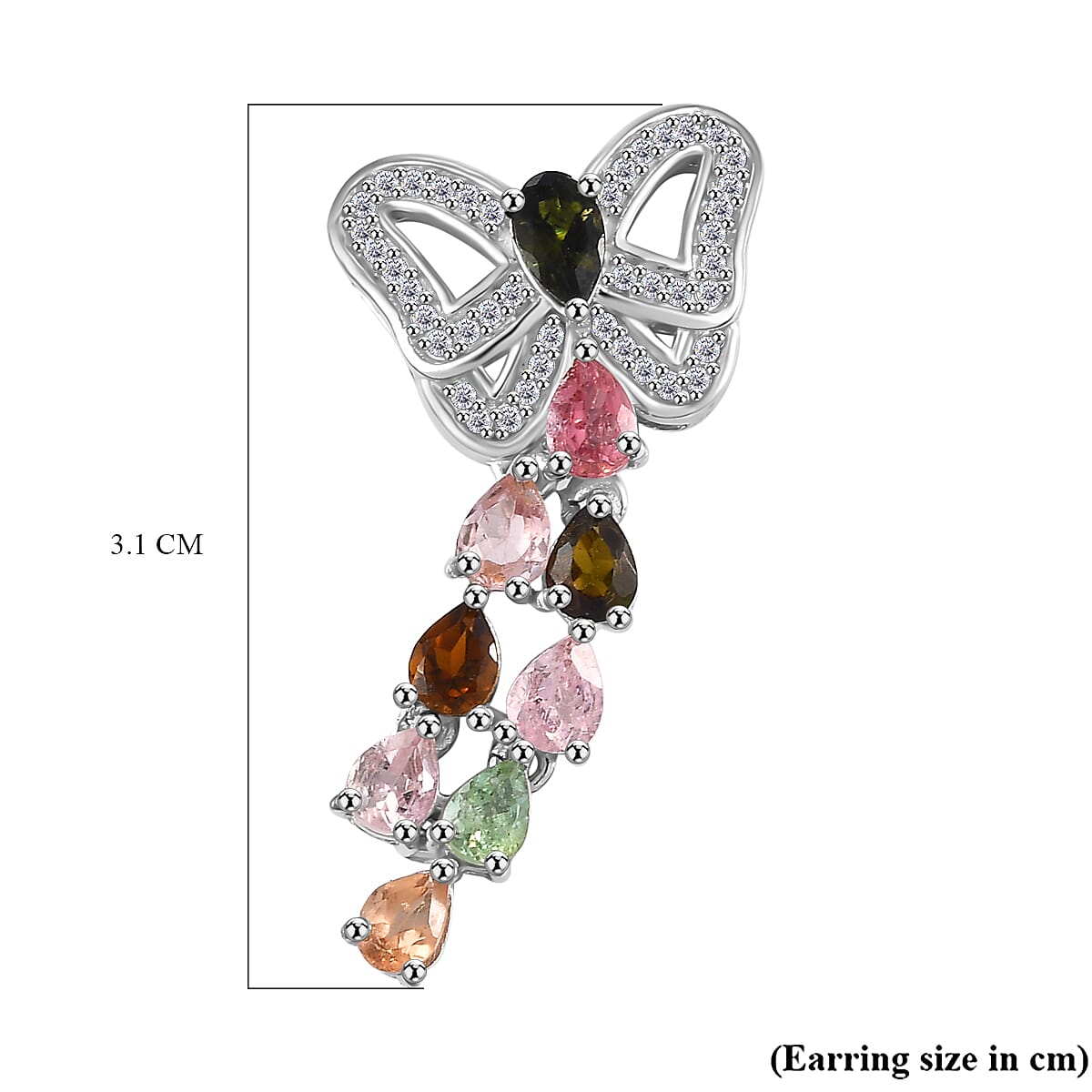 Multi-Tourmaline, White Zircon Butterfly Earrings in Rhodium Overlay Sterling Silver 7855294 7