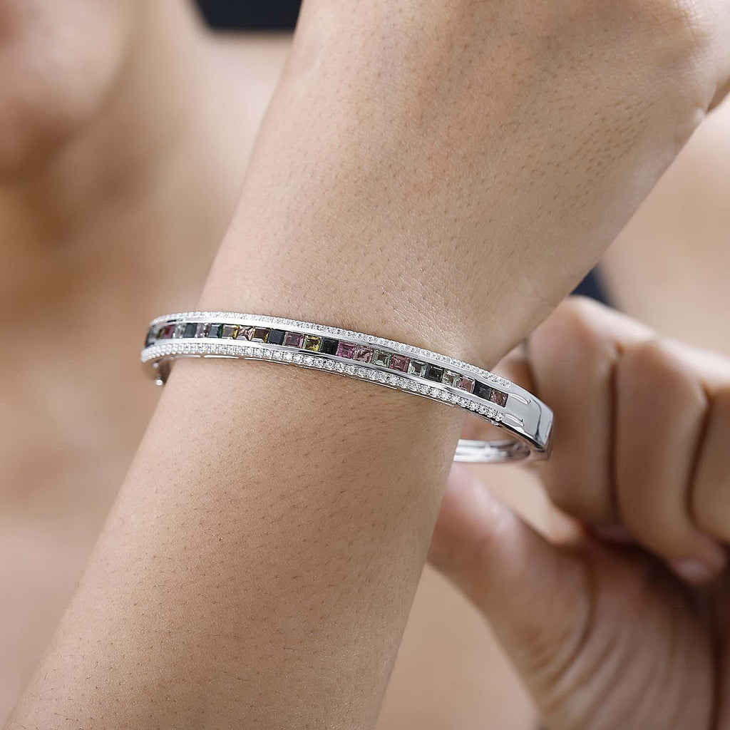 Multi-Tourmaline & Natural Zircon Bangle (Size - 7.5 ) in Platinum Overlay Sterling Silver 5.97 Ct, Silver Wt. 18.16 Gms.