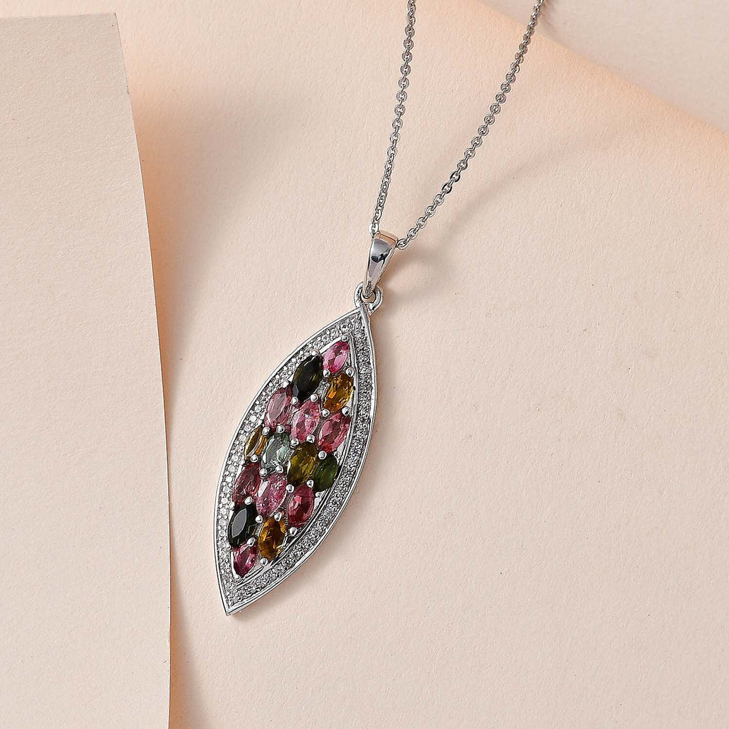 Multi-Tourmaline and Natural Zircon Pendant with Chain (Size 20) in Platinum Overlay Sterling Silver 2.65 Ct, Silver Wt. 5.16 Gms