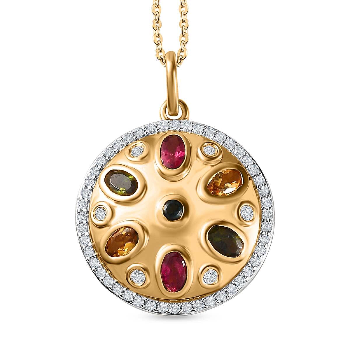 Multi-Tourmaline, White Zircon Pendant with Chain (Size 20) in 18K Vermeil Yellow Gold Sterling Silver 0.73 ct Silver Wt. 6.77 Gms 2.170 Ct. 4219964 0