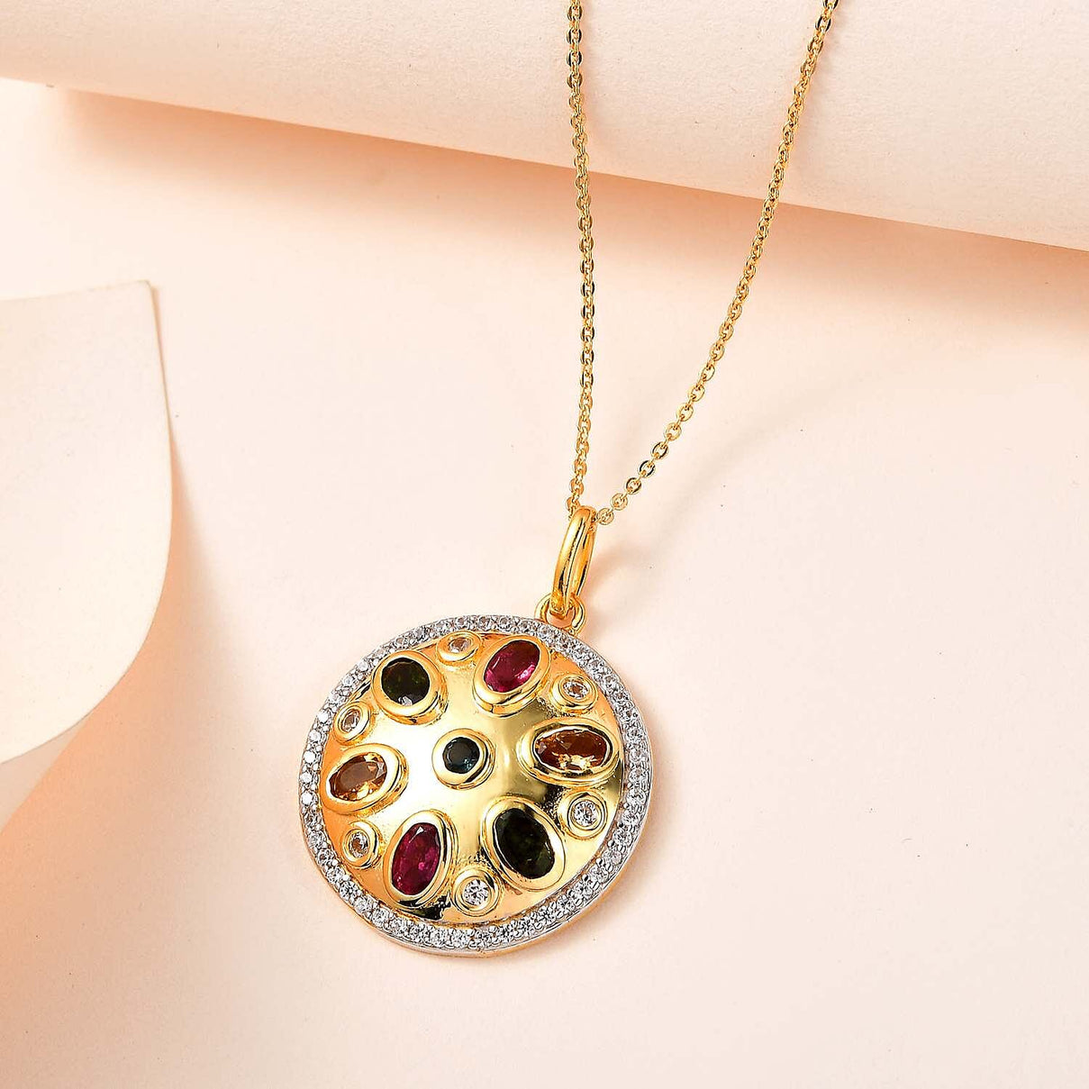 Multi-Tourmaline, White Zircon Pendant with Chain (Size 20) in 18K Vermeil Yellow Gold Sterling Silver 0.73 ct Silver Wt. 6.77 Gms 2.170 Ct. 4219964 1