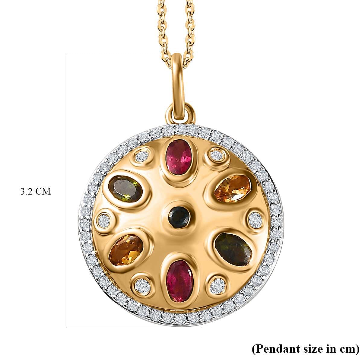 Multi-Tourmaline, White Zircon Pendant with Chain (Size 20) in 18K Vermeil Yellow Gold Sterling Silver 0.73 ct Silver Wt. 6.77 Gms 2.170 Ct. 4219964 6