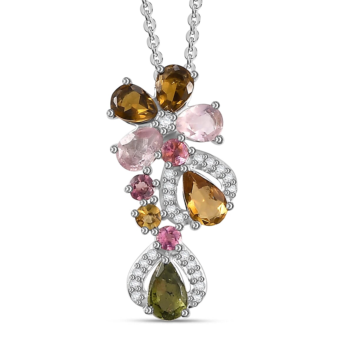 Multi-Tourmaline, White Zircon Floral Pendant with Chain (Size 20) in Rhodium Overlay Sterling Silver 4292690 0