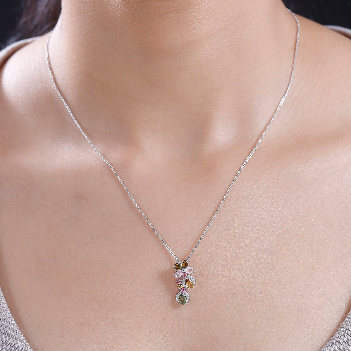 Multi-Tourmaline, White Zircon Floral Pendant with Chain (Size 20) in Rhodium Overlay Sterling Silver 4292690 2