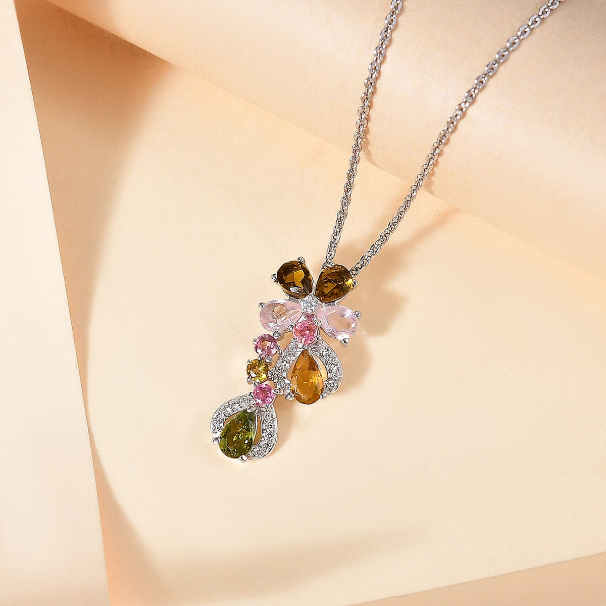 Multi-Tourmaline, White Zircon Floral Pendant with Chain (Size 20) in Rhodium Overlay Sterling Silver 4292690 3