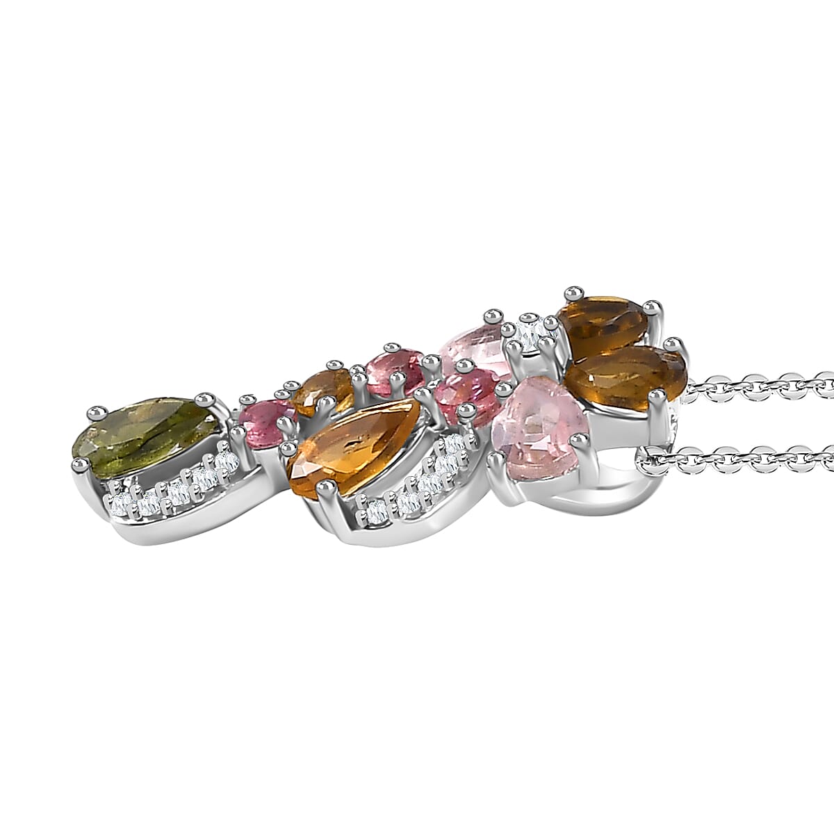 Multi-Tourmaline, White Zircon Floral Pendant with Chain (Size 20) in Rhodium Overlay Sterling Silver 4292690 4
