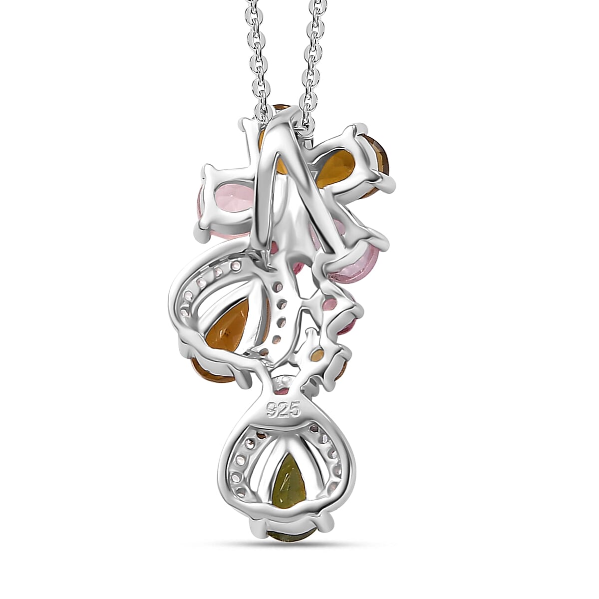 Multi-Tourmaline, White Zircon Floral Pendant with Chain (Size 20) in Rhodium Overlay Sterling Silver 4292690 5